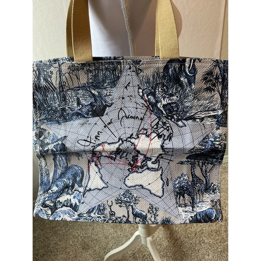 Dior Beauty Blue Toile De Jouy World Map Star Paper Straw Tote Bag OS Beach Tote - Picture 3 of 8